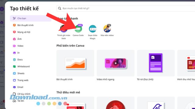 Click chuột vào mục Canva Code