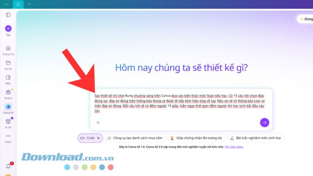Nhập câu lệnh để thiết kế game Rung chuông vàng