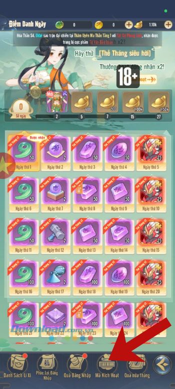 Chạm vào mục Mã kích hoạt