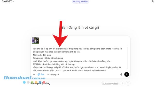Nhập mẫu câu lệnh tạo ảnh sticker em bé, rồi nhấn vào biểu tượng mũi tên đi lên