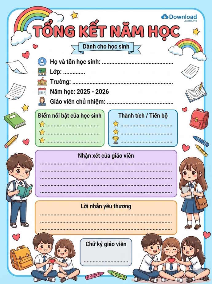 Mẫu phiếu tổng kết năm học cho học sinh các cấp