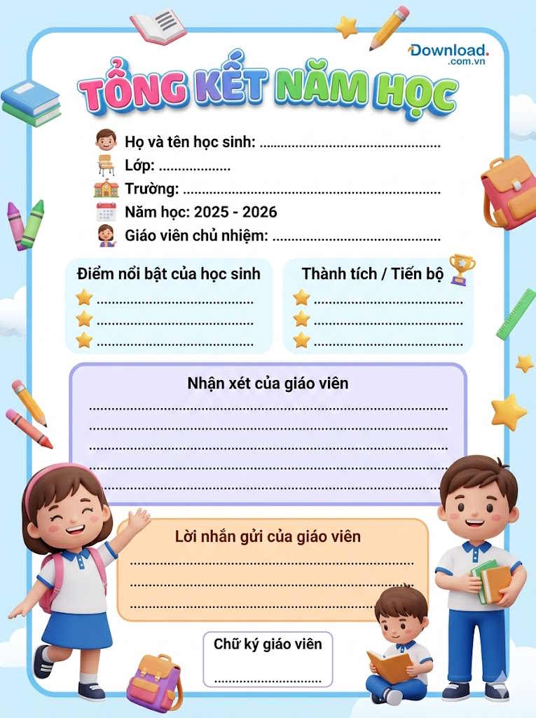 Mẫu phiếu tổng kết năm học số 3