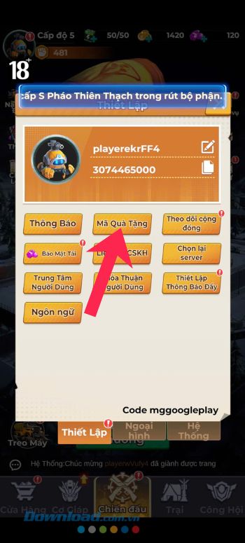 Chạm vào mục Mã quà tặng