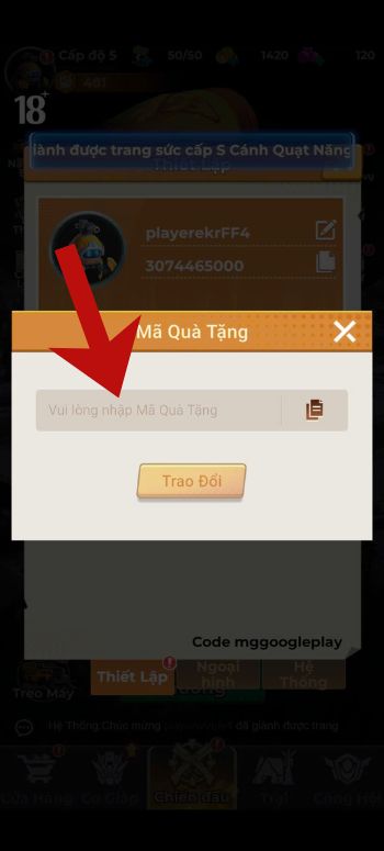 Nhập chính xác mã giftcode