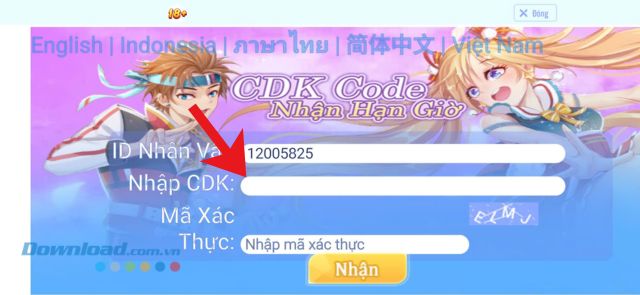 Nhập chính xác các mã giftcode ở phía bên trên và Mã xác thực, sau đó nhấn vào nút Nhận.