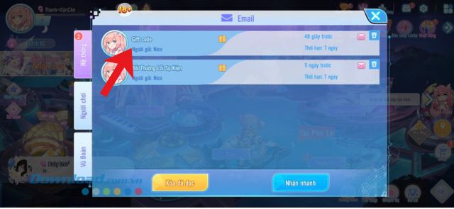Chạm vào mục thư Giftcode