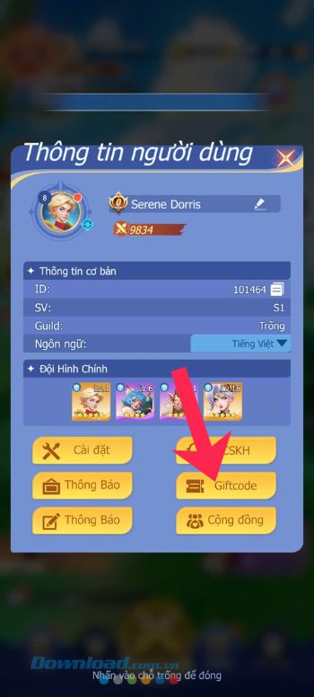 Nhấn vào nút Giftcode