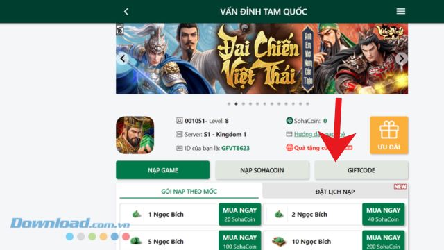 Nhấp chuột vào nút Giftcode.