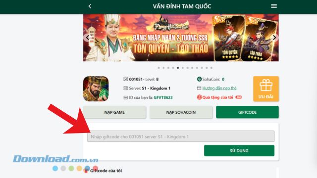 Nhập chính xác các mã giftcode