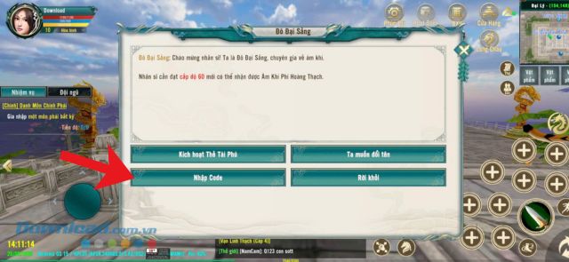 Nhấn vào nút Nhập code