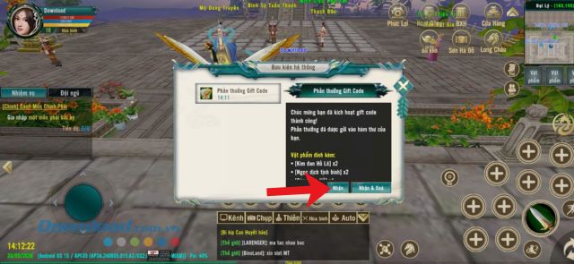 Nhấn vào nút Nhận tại hòm thư Phần thưởng Gift Code