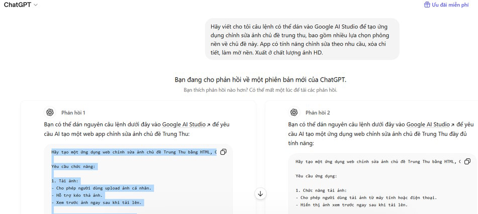 Prompt tạo app Trung thu được ChaGPT gợi ý
