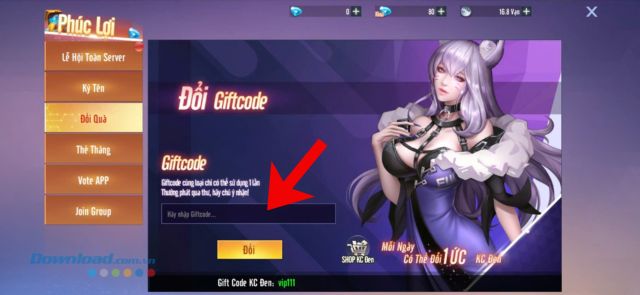 Nhập chính xác các mã giftcode