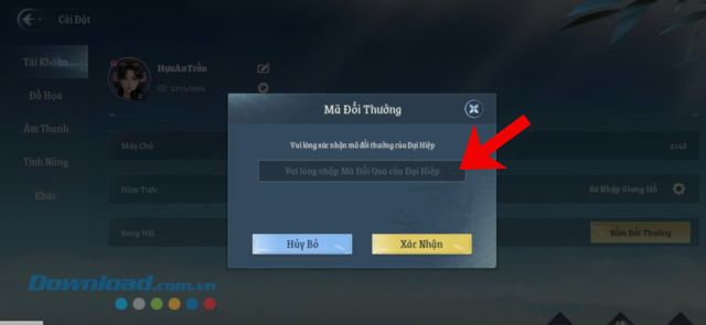 Nhập chính xác các mã giftcode