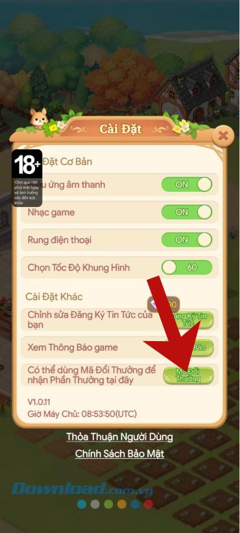 Chạm vào nút Mã đổi thưởng