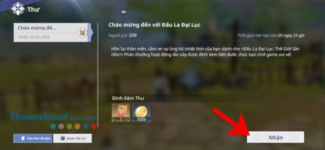 Nhấn vào nút Nhận ở hòm thư "Chào mừng đến với Đấu La Đấu Lục"