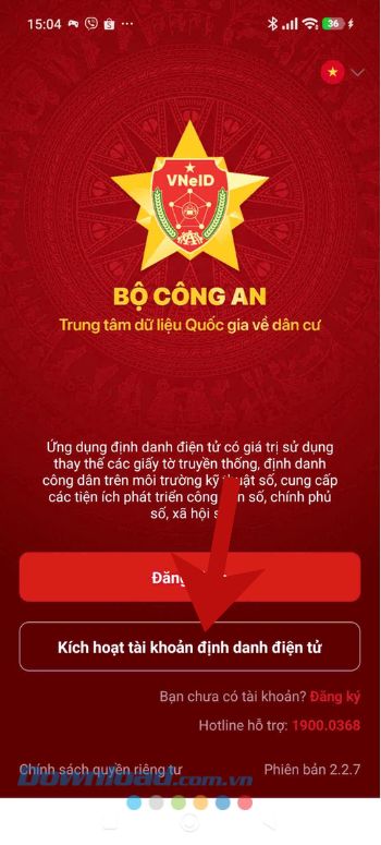Chạm vào nút Kích hoạt tài khoản định danh điện tử