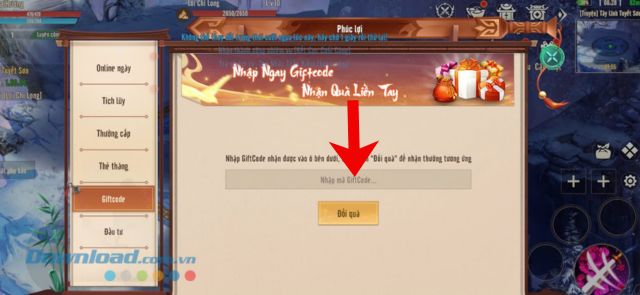 Nhập chính xác các mã code > Chạm vào nút Đổi quà