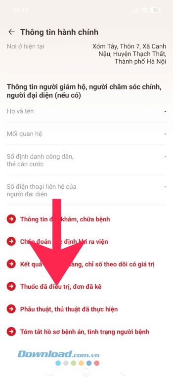 Ấn vào mục Thuốc đã điều trị, đơn đã kê