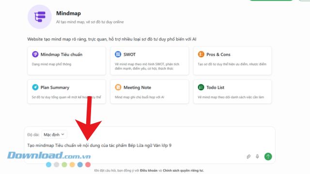 Nhập nội dung bài học muốn tạp sơ đồ mindmap > Ấn vào biểu tượng mũi tên Gửi