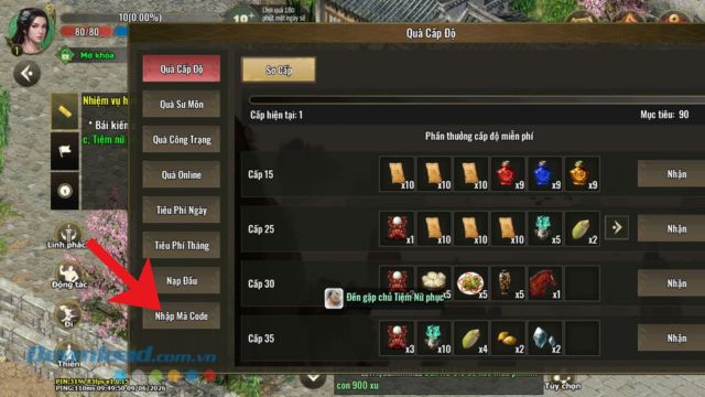 Ấn vào mục Nhập mã code