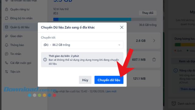 Lựa chọn chuyển tới ổ D > Nhấp chuột vào nút Chuyển dữ liệu