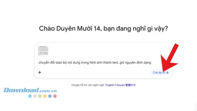 Nhập câu lệnh chuyển đổi nội dung trong ảnh > Nhấp chuột vào nút Chế độ AI