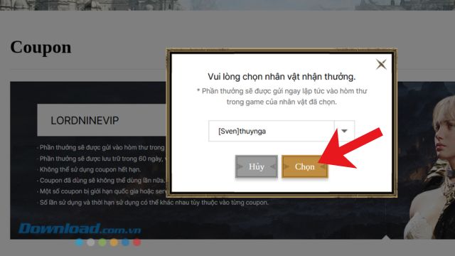Xác nhận thông tin nhân vật > Chạm vào nút Chọn