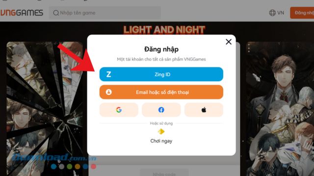 Đăng nhập tài khoản game Light and Night VNG