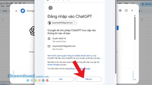 Xác nhận đăng nhập tài khoản, click chuột vào nút Tiếp tục