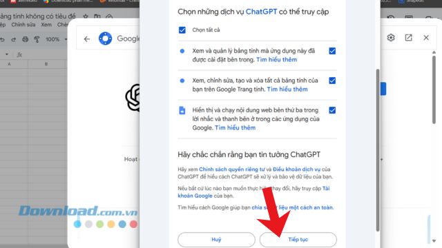 Đặc kỹ các quyền tiện ích yêu cầu, nhấp chuột vào nút Tiếp tục