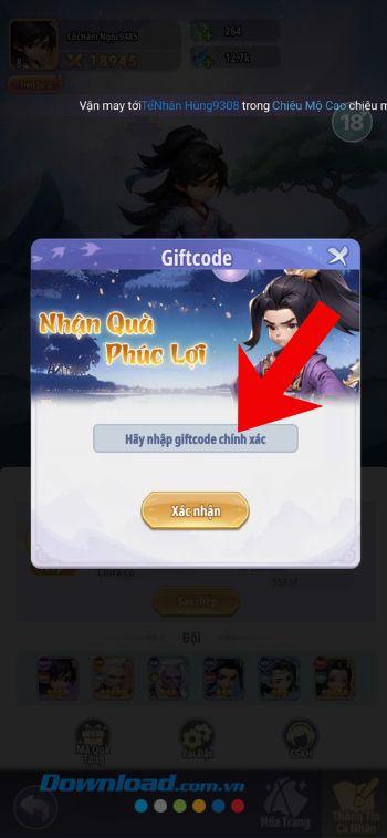 Nhập chính xác mã giftcode