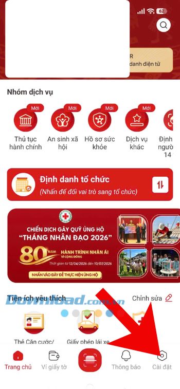 Nhấn vào mục Cài đặt