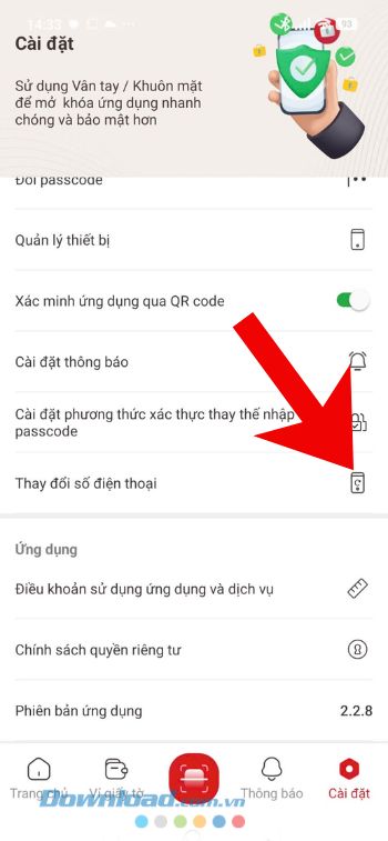 Ấn vào mục Thay đổi điện thoại