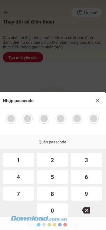 Nhập mã passcode tài khoản VNeID