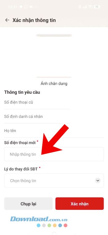 Nhập thông tin số điện thoại mới, lý do thay đổi số điện thọai