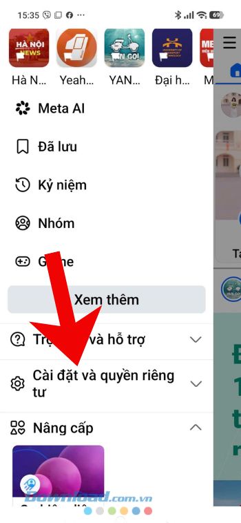 Chạm vào mục Cài đặt và quyền riêng tư