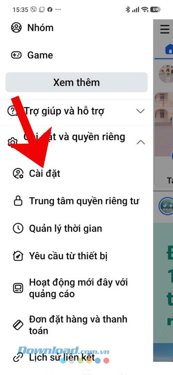 Nhấn vào mục Cài đặt