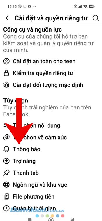 Ấn vào mục Thông báo