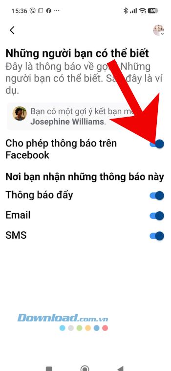 Gạt, tắt công tắc Cho phép thông báo trên Facebook