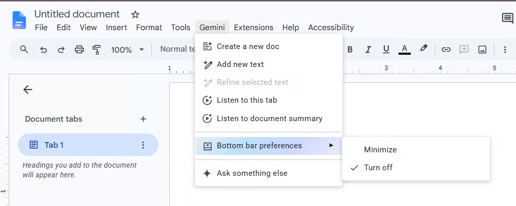 Tùy chọn tắt Gemini trong Google Docs
