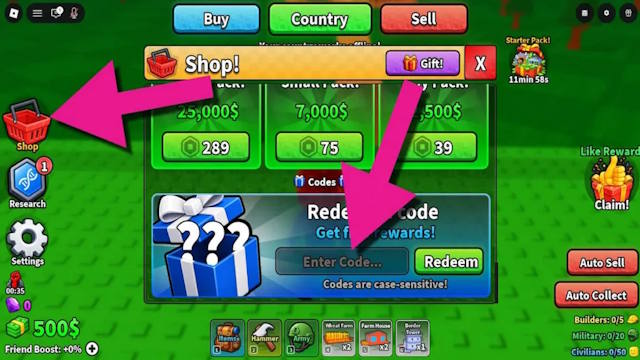 Cách nhập code Mini War Roblox