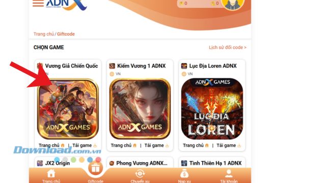 Ấn và chọn game Vương Giả Chiến Quốc