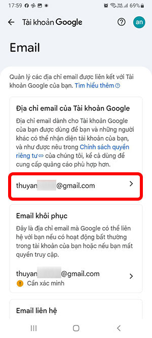 Cách đổi email Tài khoản Google trên điện thoại 