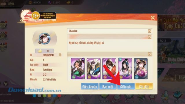 Ấn vào mục Giftcode