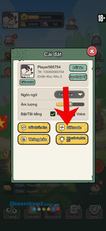 Chạm vào mục Giftcode