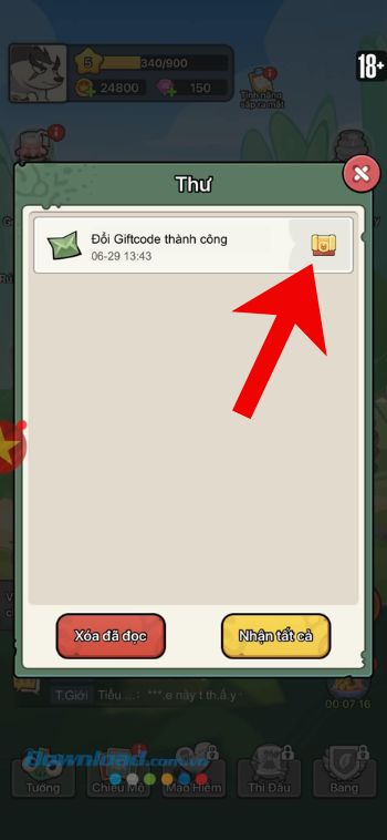 Nhấn vào mục Đổi giftcode thành công