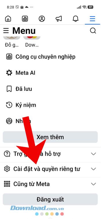 Chạm vào mục Cài đặt và quyền riêng tư