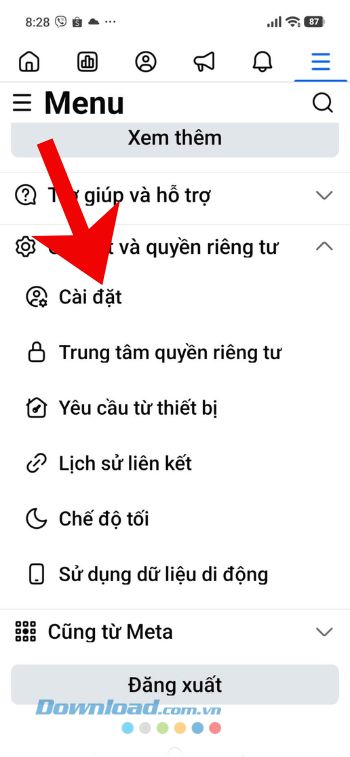 Nhấn vào mục Cài đặt