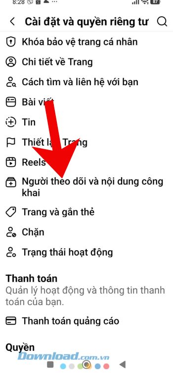Ấn vào mục Người theo dõi và nội dung công khai